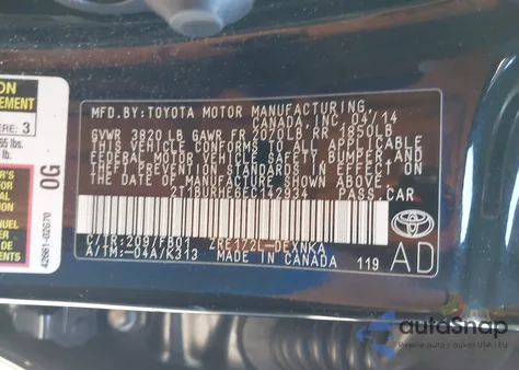 2014 Toyota Corolla Le from USA, damaged, VIN 2T1BURHE6EC142934